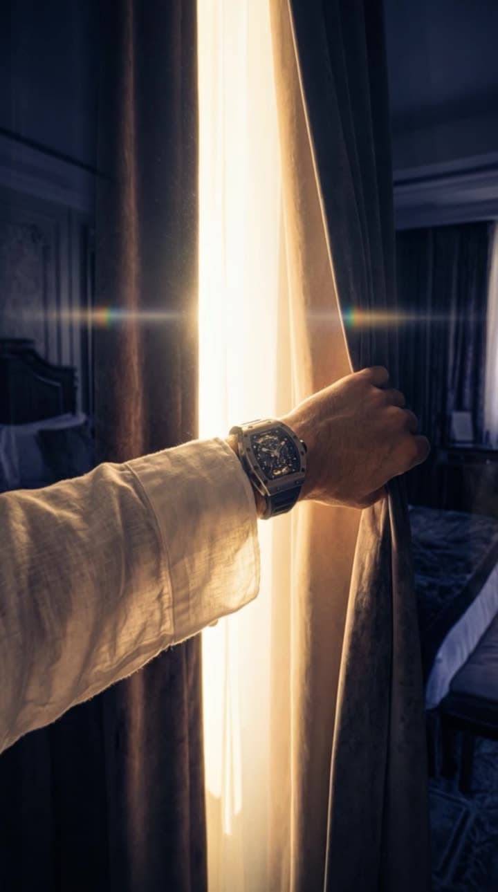 Frame from an AI watch film: a wrist and a watch in morning light
