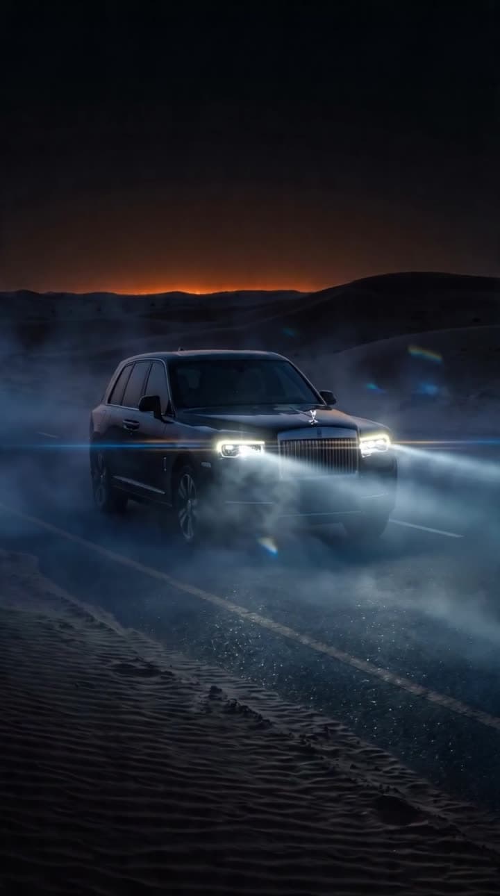 Frame from an AI luxury film: a car in the desert at dusk